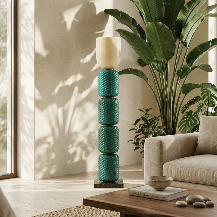 Pink_Tiered_Column_Glass_Lamp_in_Wabi-Sabi_Living_Room_Woorglamp