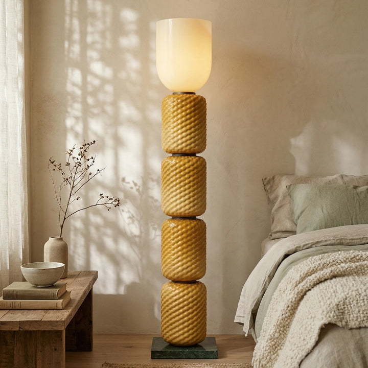 Yellow_Tiered_Column_Glass_Lamp_in_Minimalist_Space_Woorglamp