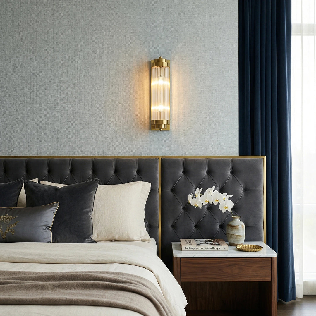 Brass_Vertical_Glass_Wall_Lamp_Double_Setup_Bedroom_Woorglamp