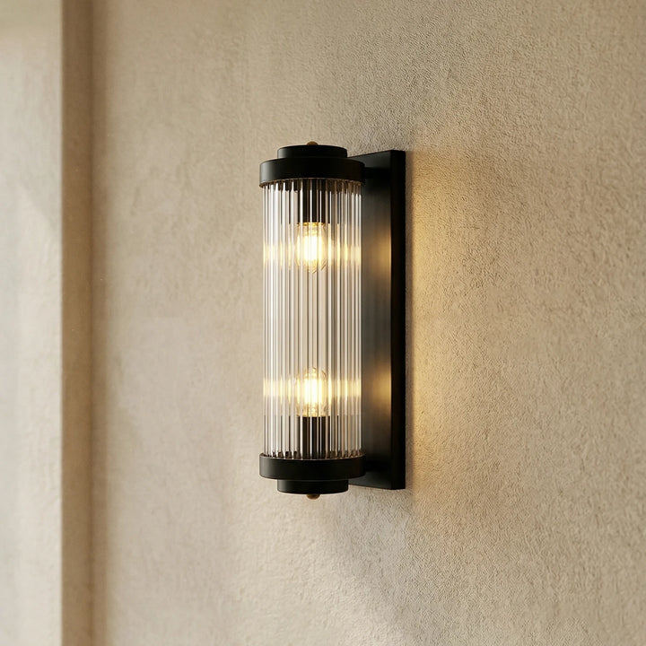 Black_Brass_Vertical_Glass_Wall_Lamp_Warm_Light_Effect_Woorglamp