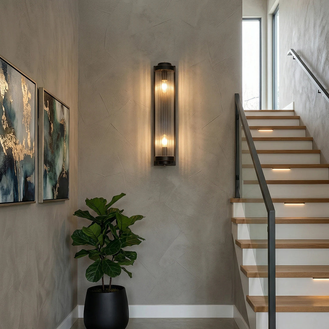 Brass_Vertical_Glass_Wall_Lamp_in_Stairway_Hallway_Woorglamp