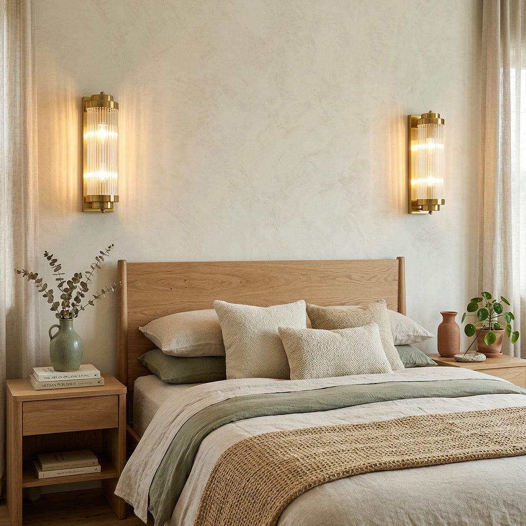 Brass_Vertical_Glass_Wall_Lamp_Cozy_Bedroom_Set_Woorglamp