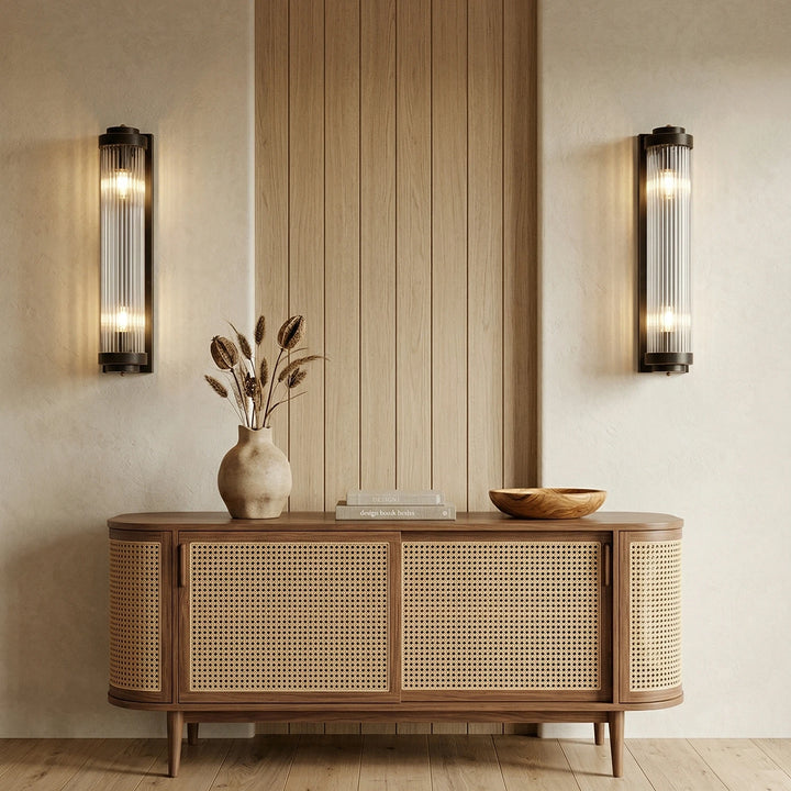 Black_Brass_Vertical_Glass_Wall_Lamp_Pair_in_Hallway_Woorglamp