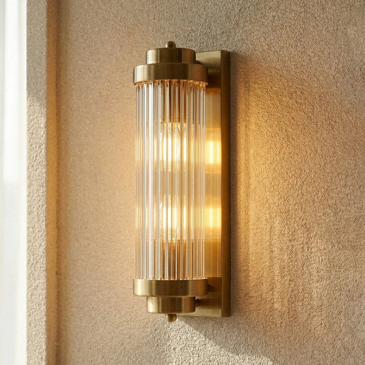 Brass_Vertical_Glass_Wall_Lamp_Warm_Glow_Detail_Woorglamp