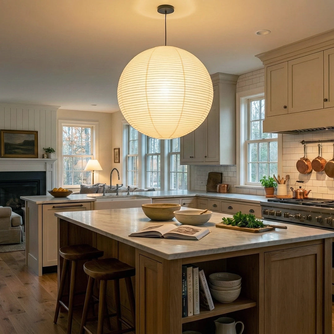 Round_Washi_Paper_Pendant_Light_in_Modern_Kitchen_Island_Woorglamp