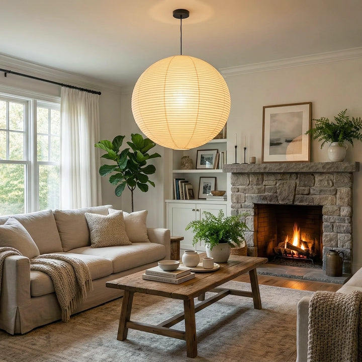 Round_Washi_Paper_Pendant_Light_in_Cozy_Fireplace_Living_Room_Woorglamp
