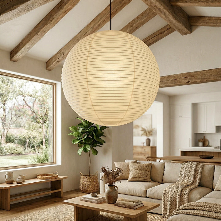 Round_Washi_Paper_Pendant_Light_in_Rustic_Beam_Living_Room_Woorglamp