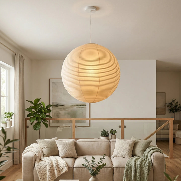 Round_Washi_Paper_Pendant_Light_in_Cozy_Living_Room_Woorglamp