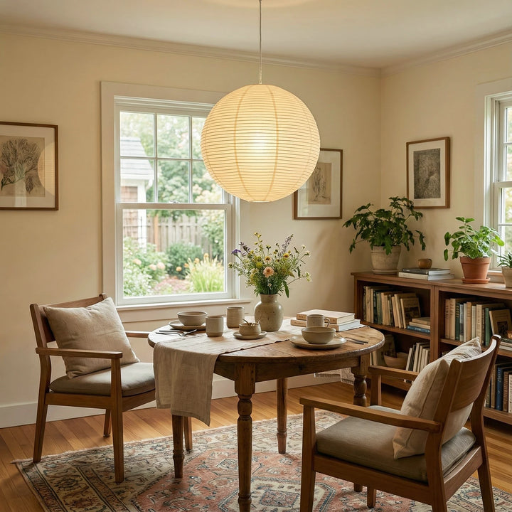 Round_Washi_Paper_Pendant_Light_in_Wooden_Dining_Room_Woorglamp