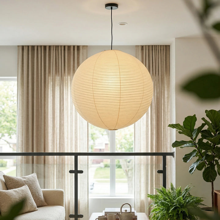 Round_Washi_Paper_Pendant_Light_in_Dining_Room_With_Linen_Curtains_Woorglamp
