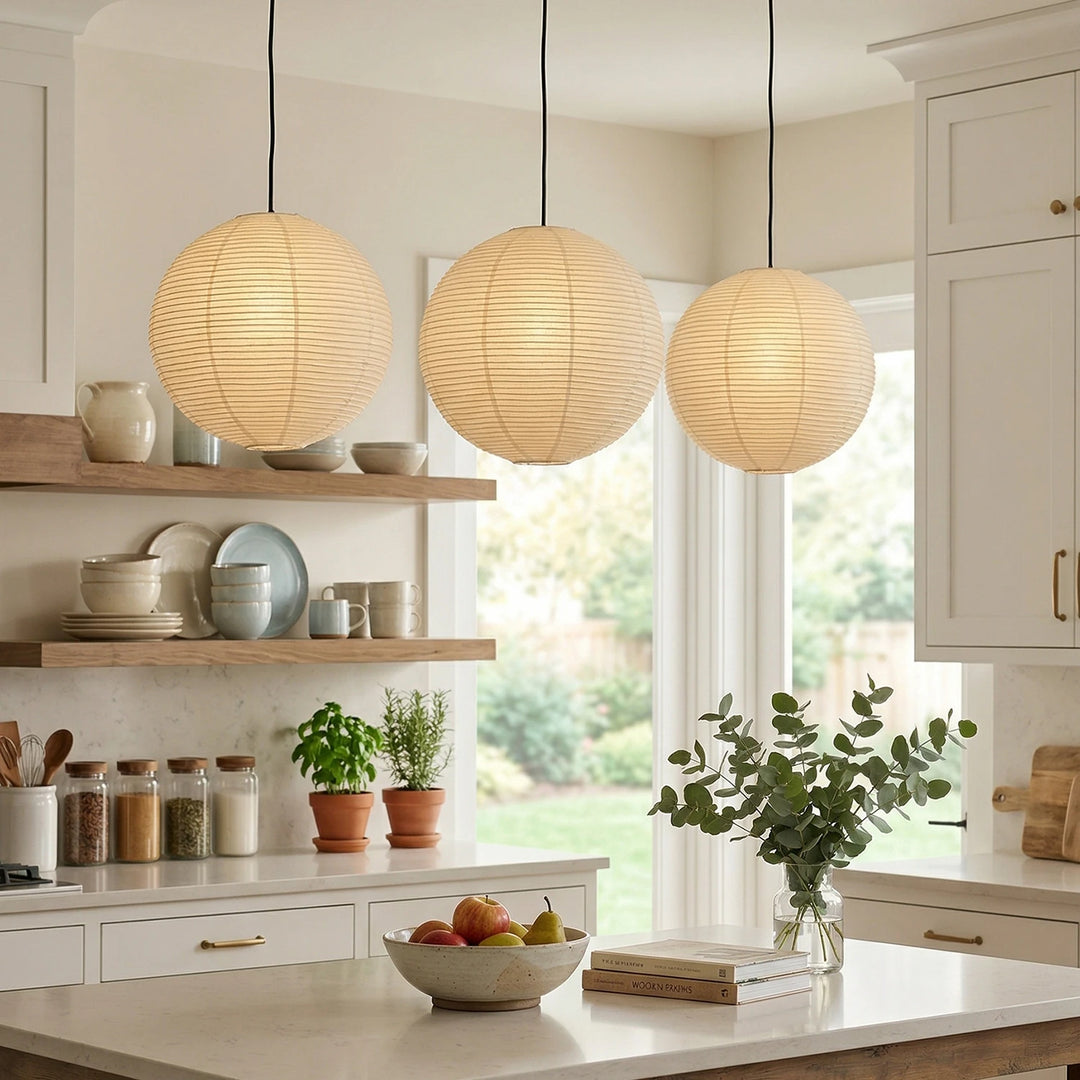 Round_Washi_Paper_Pendant_Light_Set_in_Open_Plan_Kitchen_Woorglamp