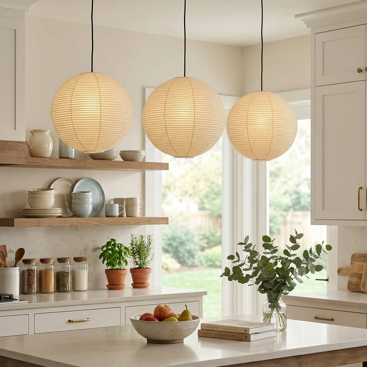 Round_Washi_Paper_Pendant_Light_Set_in_Open_Plan_Kitchen_Woorglamp