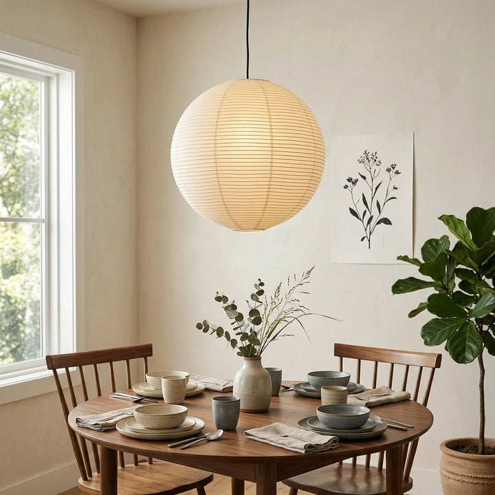 Round_Washi_Paper_Pendant_Light_in_Rustic_Dining_Setup_Woorglamp