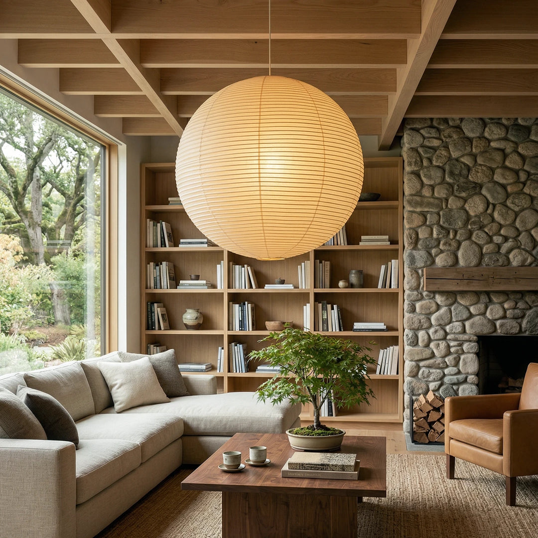Round_Washi_Paper_Pendant_Light_in_Living_Room_With_Stone_Fireplace_Woorglamp