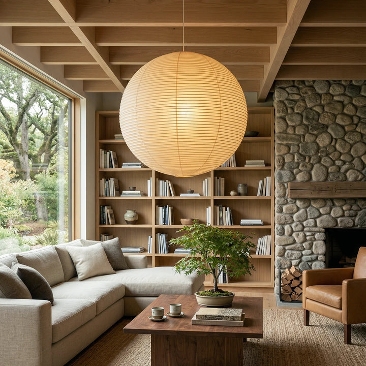 Round_Washi_Paper_Pendant_Light_in_Living_Room_With_Stone_Fireplace_Woorglamp