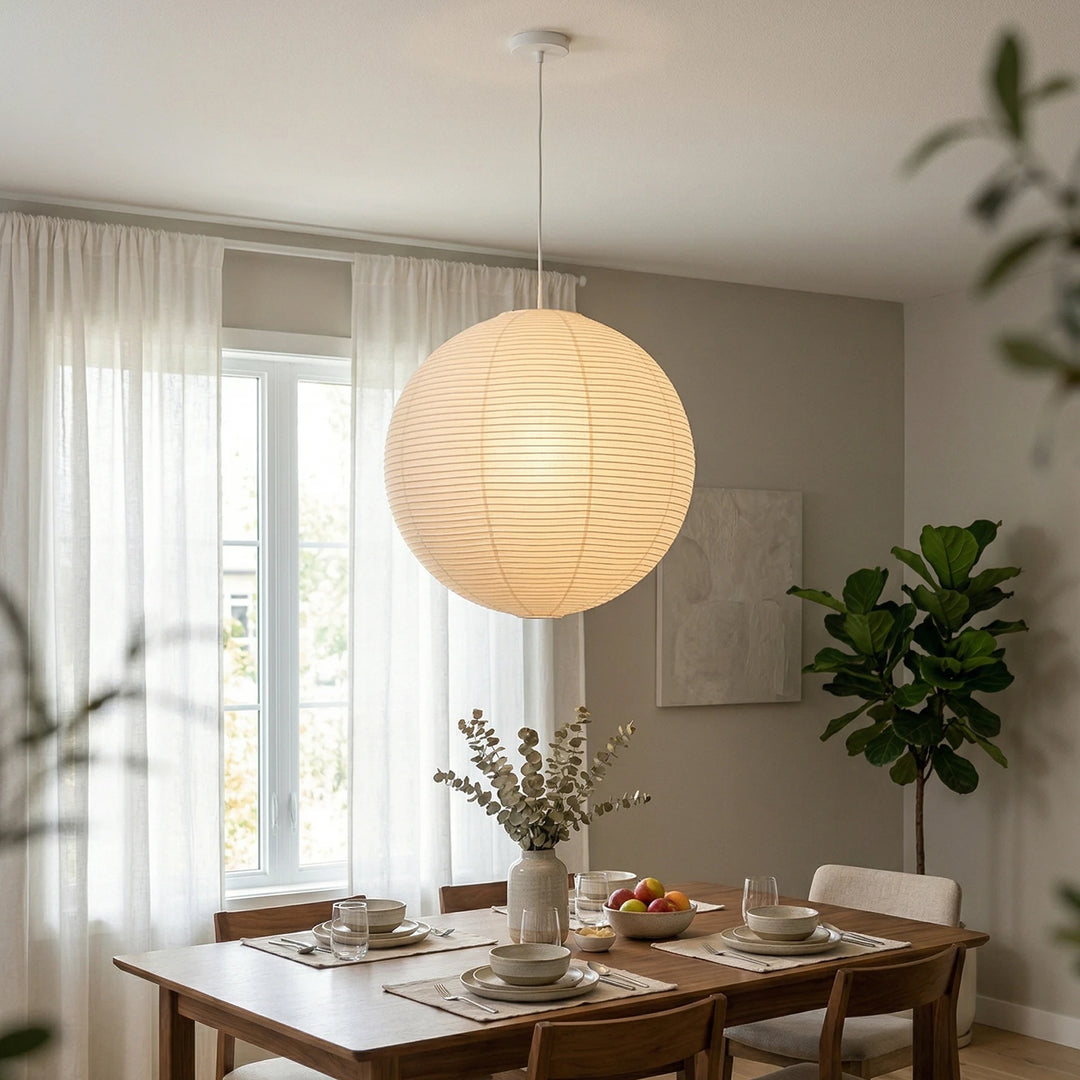 Round_Washi_Paper_Pendant_Light_in_Dining_Room_With_Sheer_Curtains_Woorglamp