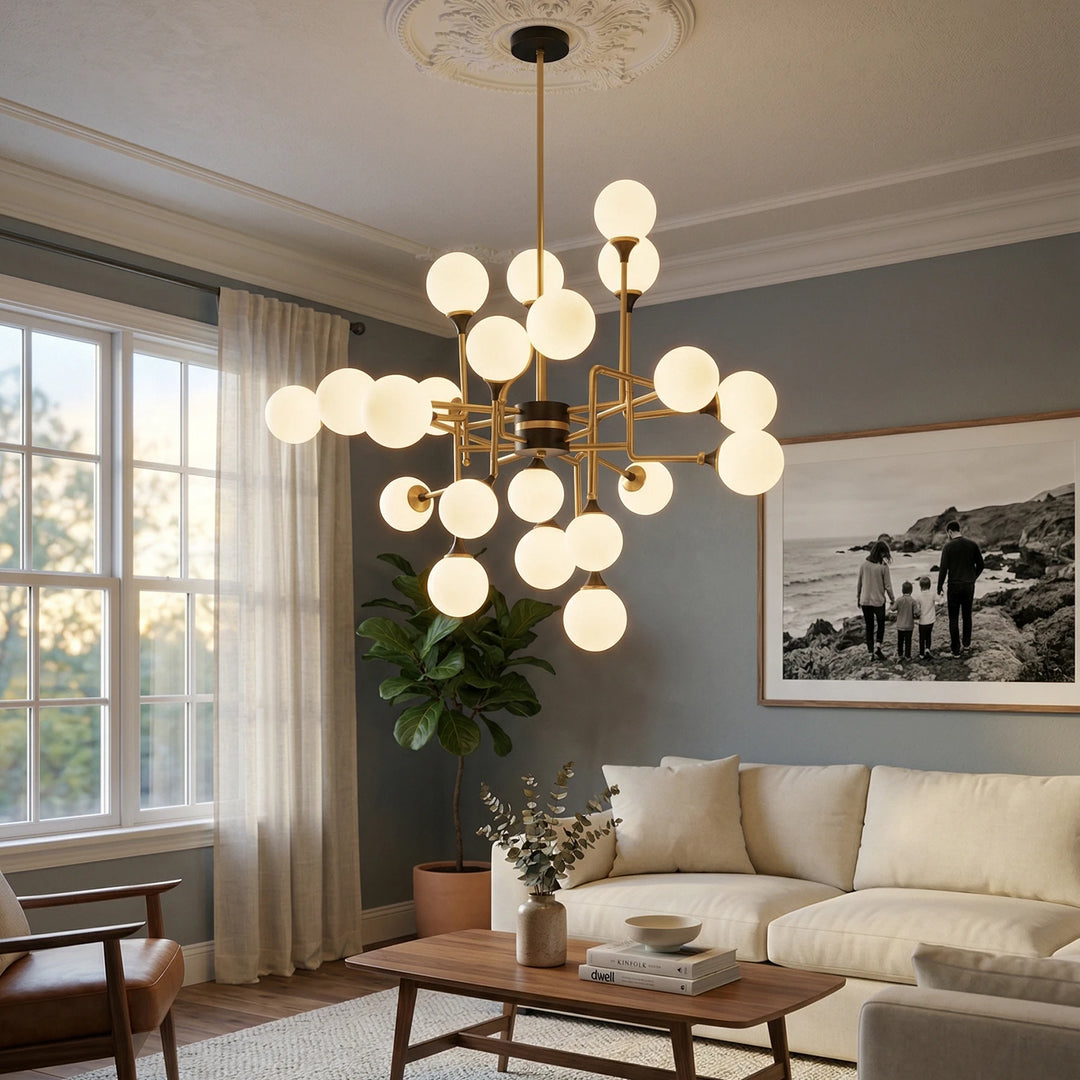 Brass_Sputter_Glass_Chandelier_in_Warm_Beige_Dining_Space_Woorglamp