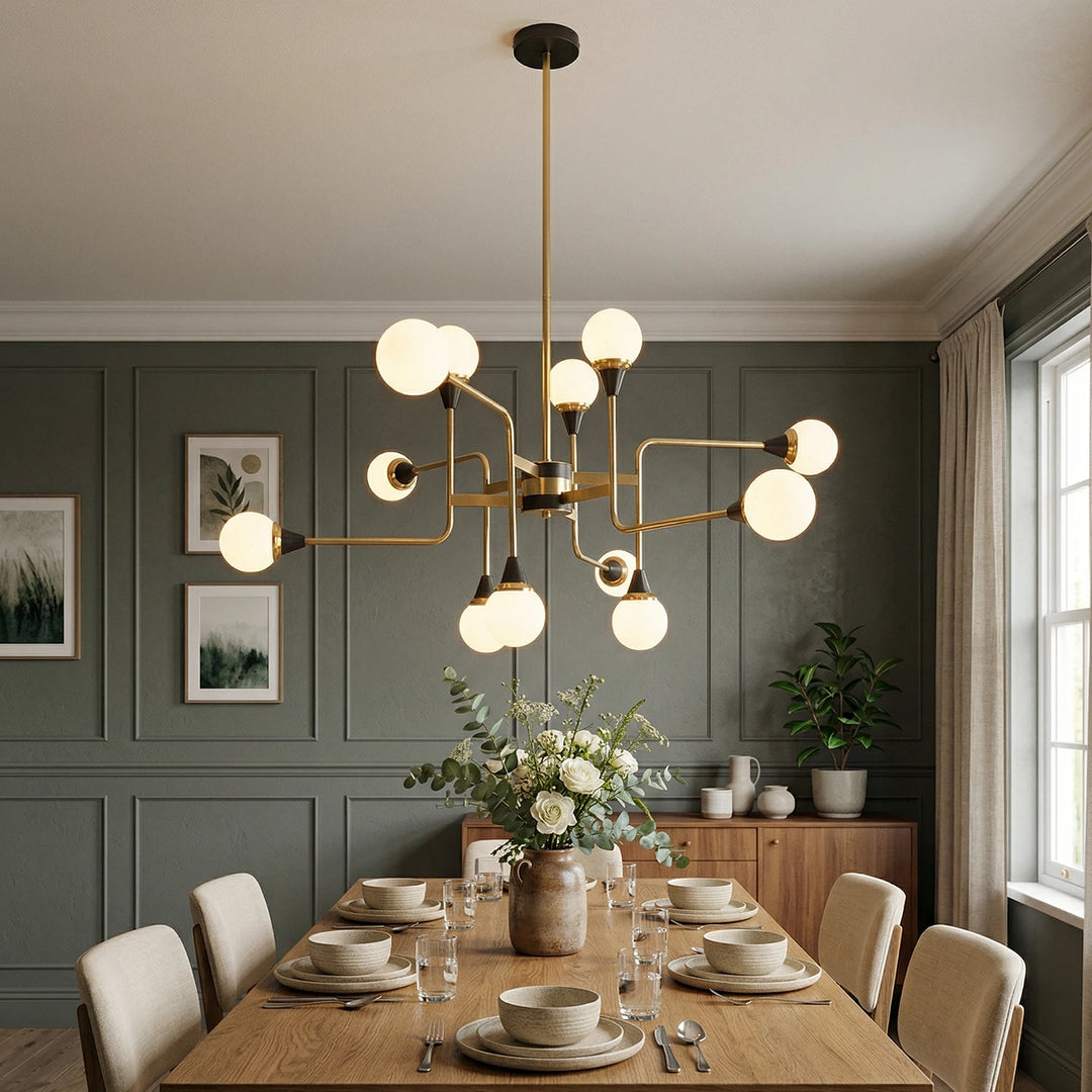 Brass_Sputter_Glass_Chandelier_in_Dark_Wall_Dining_Space_Woorglamp