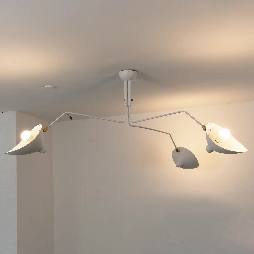 White_3-Arm_Duckbill_Spider_Ceiling_Light_Lit_Up_Side_Angle_Woorglam