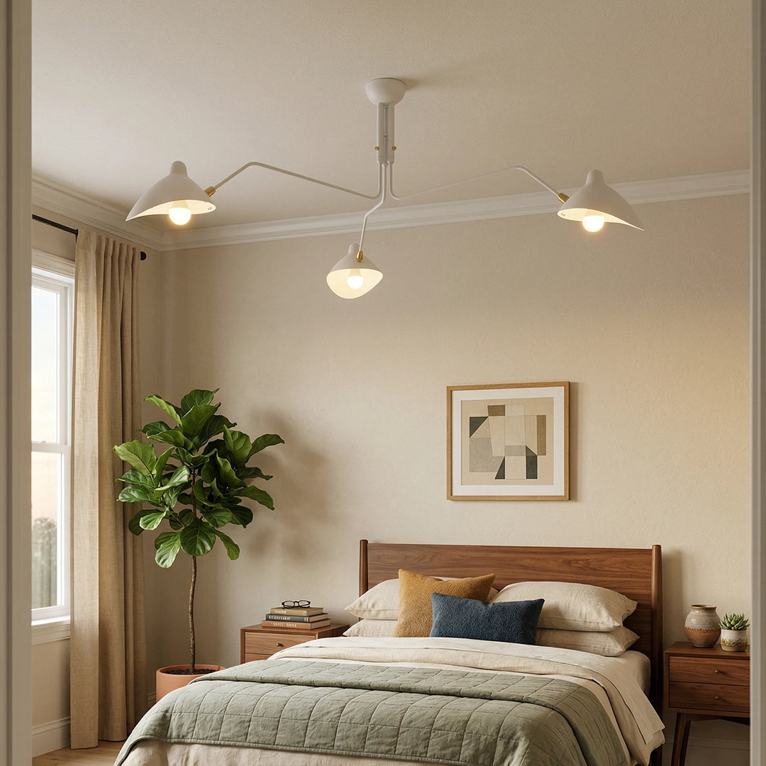 White_3_Arm_Duckbill_Spider_Ceiling_Light_in_Cozy_Bedroom_Warm_Lit_Woorglamp