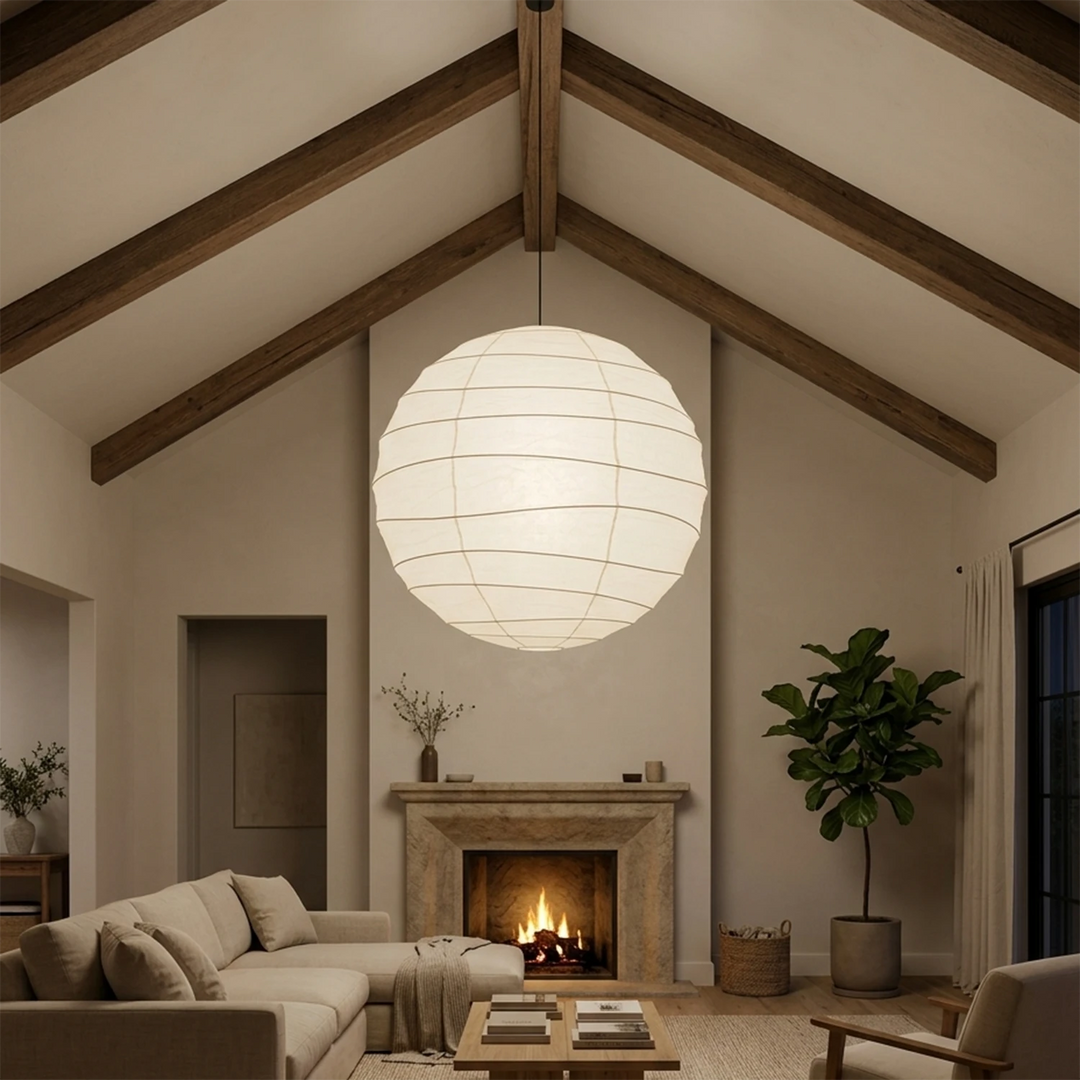Paper pendant suspended from an A-frame beamed ceiling in a warm lounge