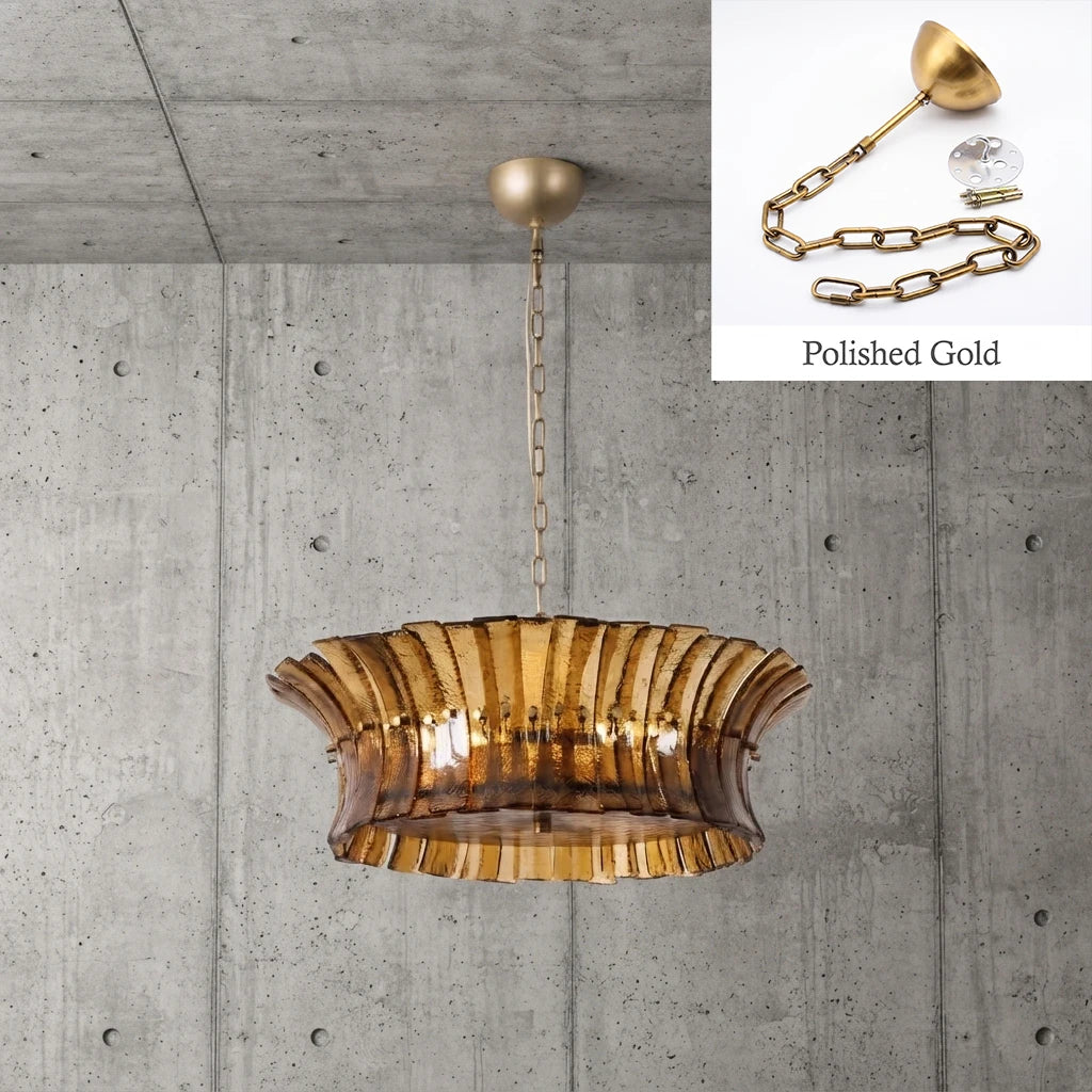 Amber glass drum chandelier with polished gold chain and canopy