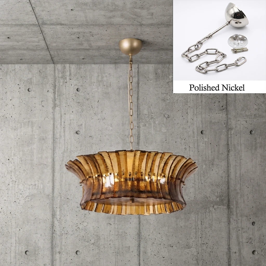 Amber glass drum chandelier with polished nickel chain and canopy