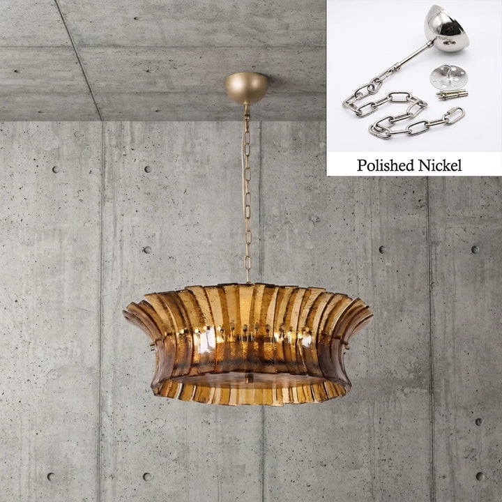 Amber glass drum chandelier with polished nickel chain and canopy