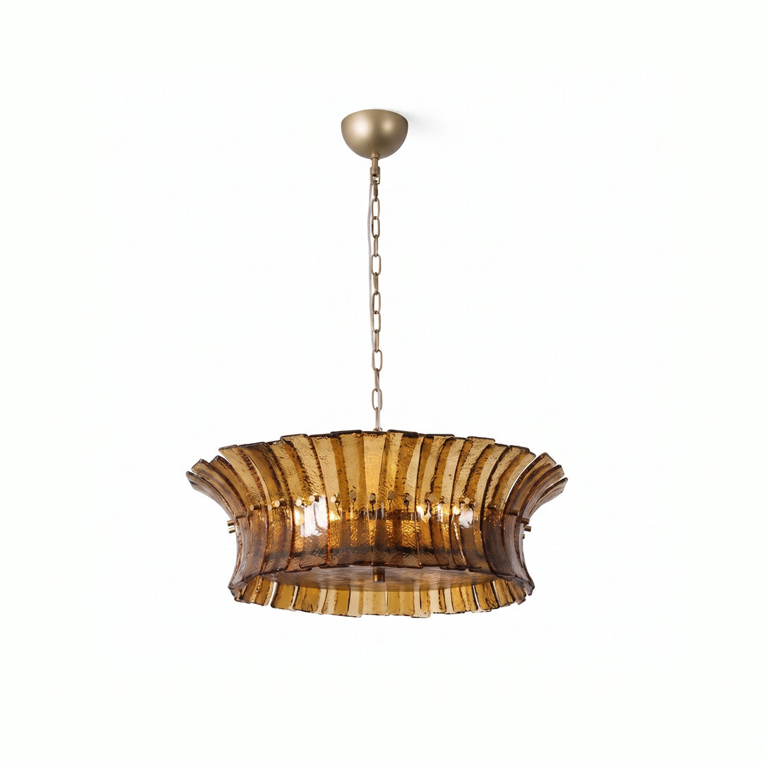 Wide amber glass drum chandelier on a plain white background