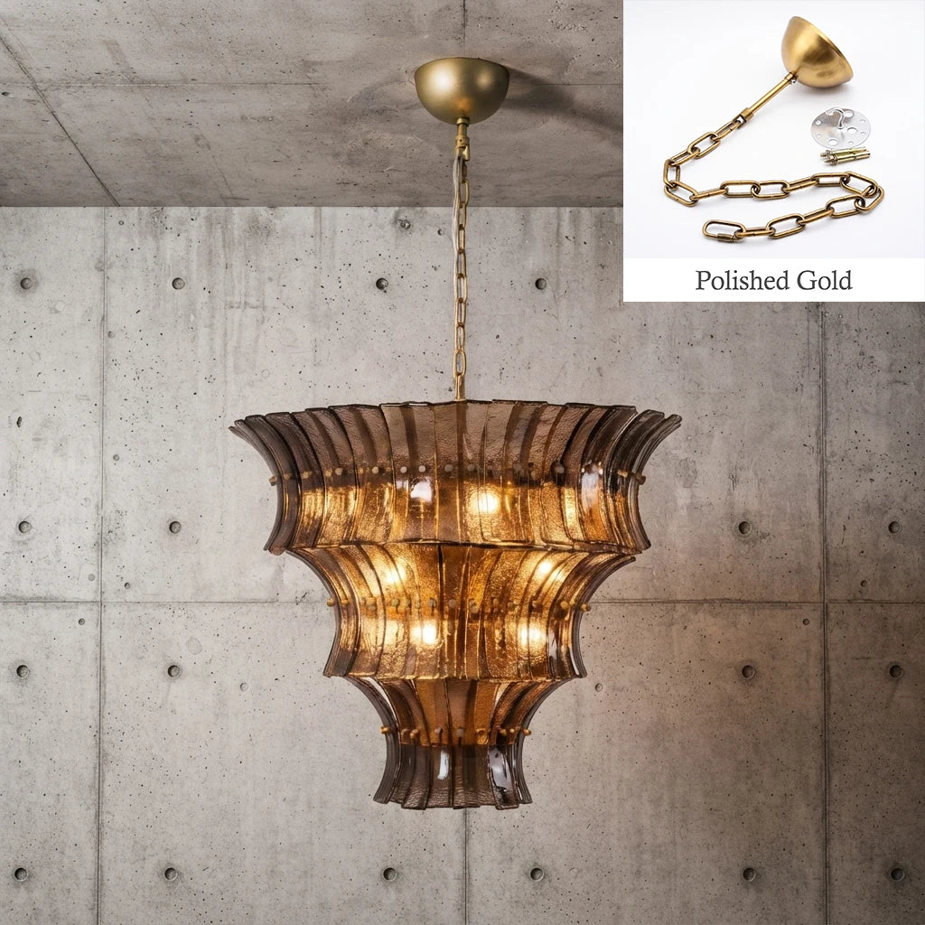 Amber tiered glass chandelier with polished gold chain and canopy