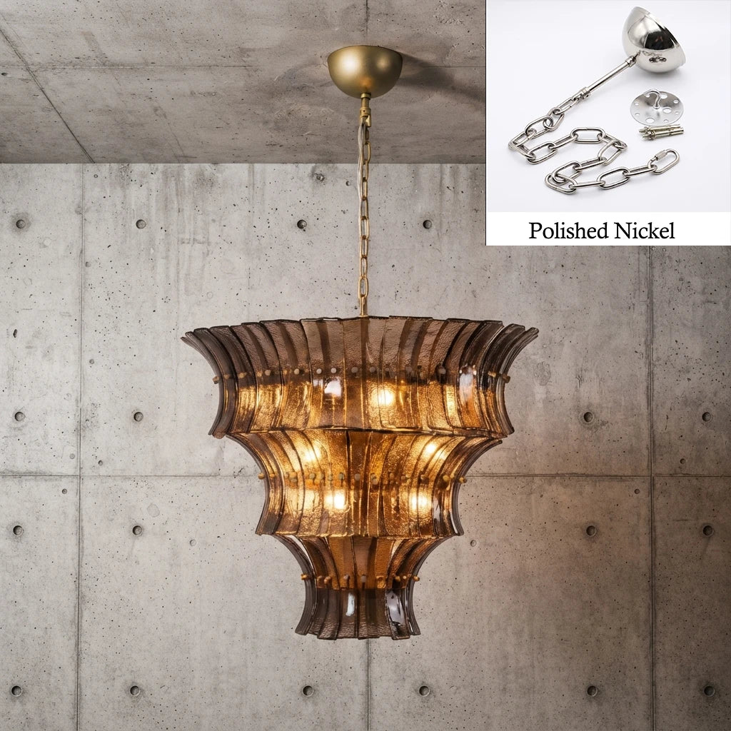 Amber tiered glass chandelier with polished nickel chain and canopy