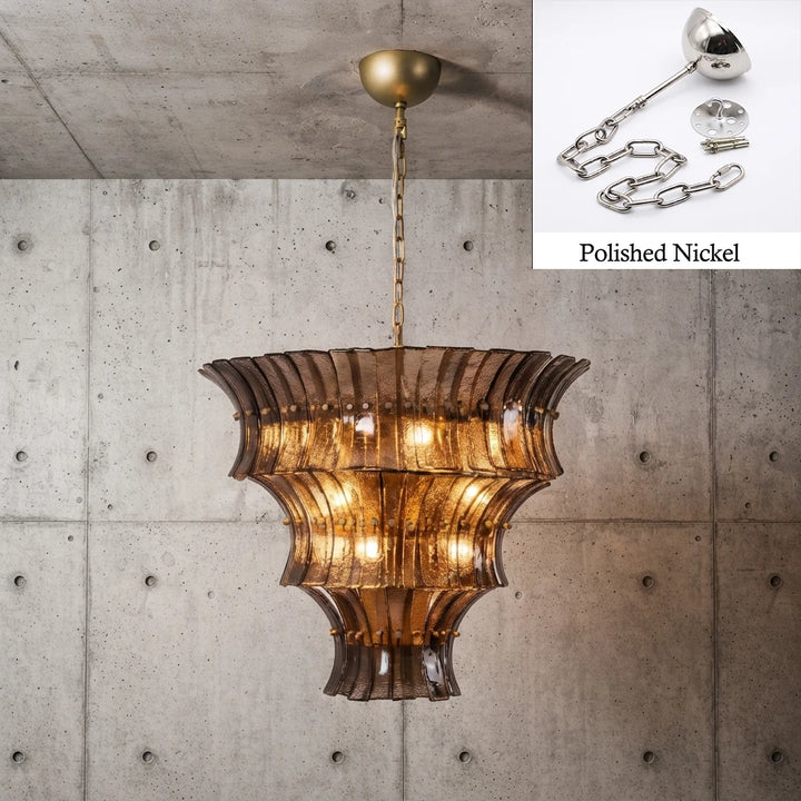 Amber tiered glass chandelier with polished nickel chain and canopy