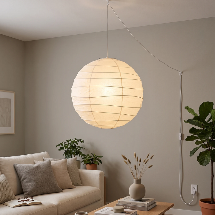 Paper globe pendant lighting a plant-filled lounge with a cream sofa