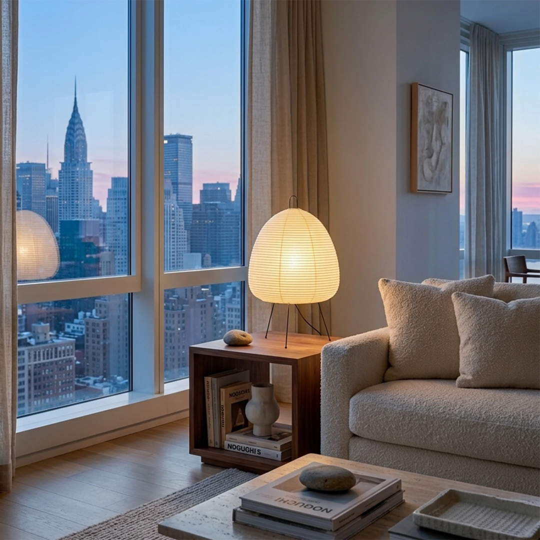 Paper table lamp on a side table in an apartment overlooking a city skyline