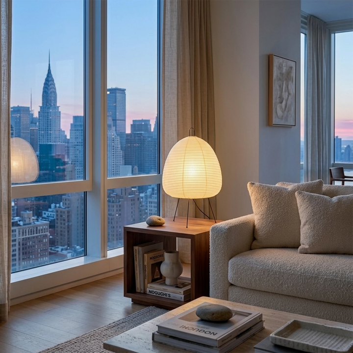 Paper table lamp on a side table in an apartment overlooking a city skyline