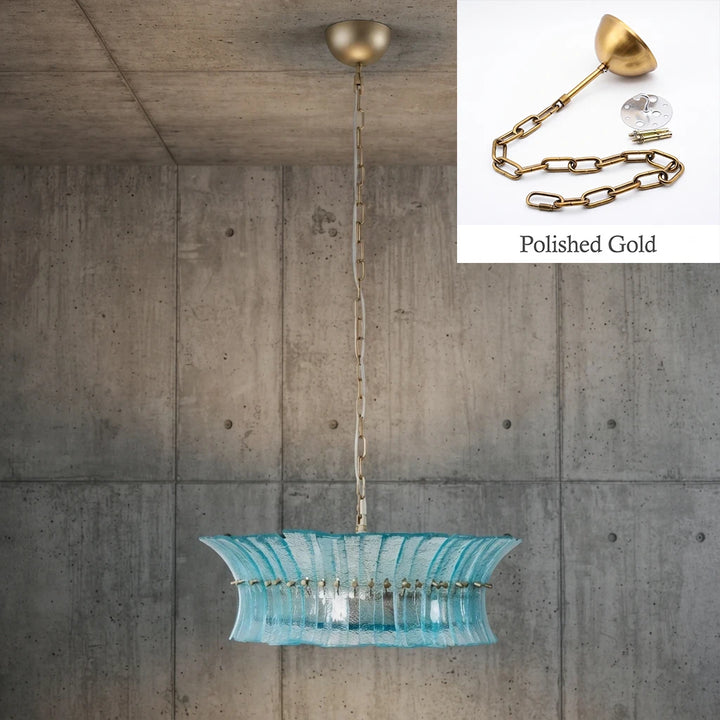 Aqua glass drum chandelier with polished gold chain and canopy