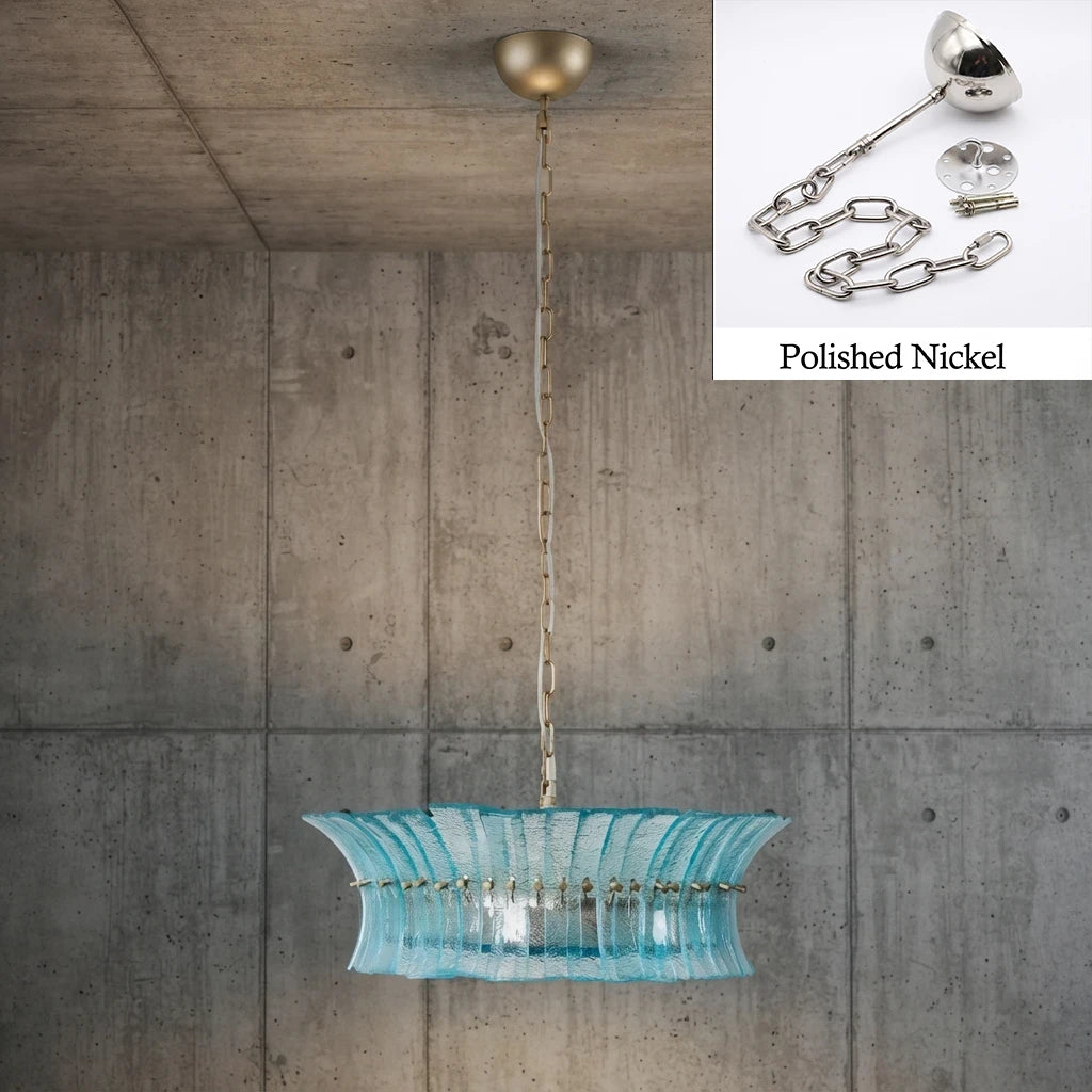 Aqua glass drum chandelier with polished nickel chain and canopy