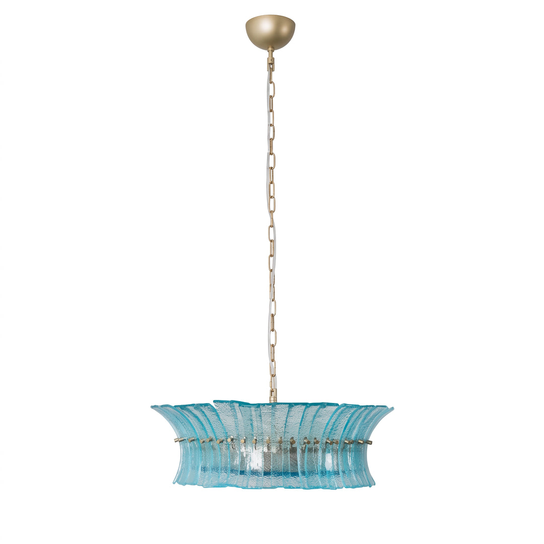 Aqua glass drum chandelier with an extended brass chain on a white background