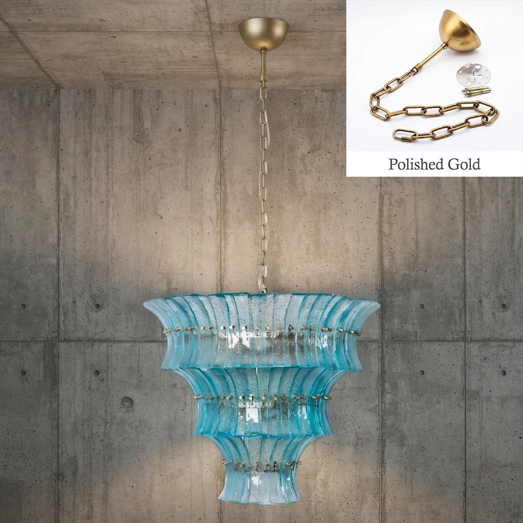 Aqua tiered glass chandelier with polished gold chain and canopy