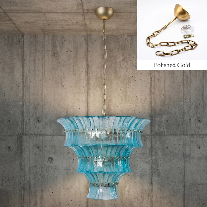 Aqua tiered glass chandelier with polished gold chain and canopy