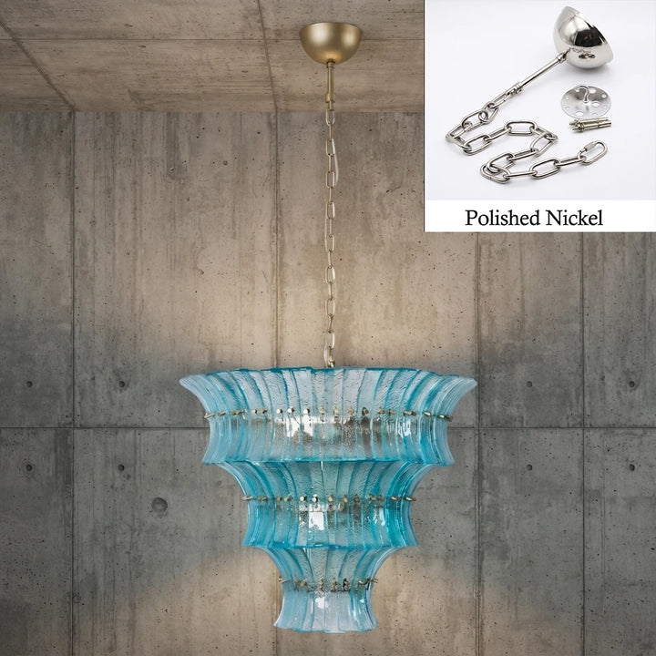 Aqua tiered glass chandelier with polished nickel chain and canopy