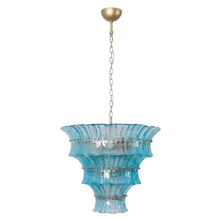 Aqua tiered glass chandelier lit against a plain white background