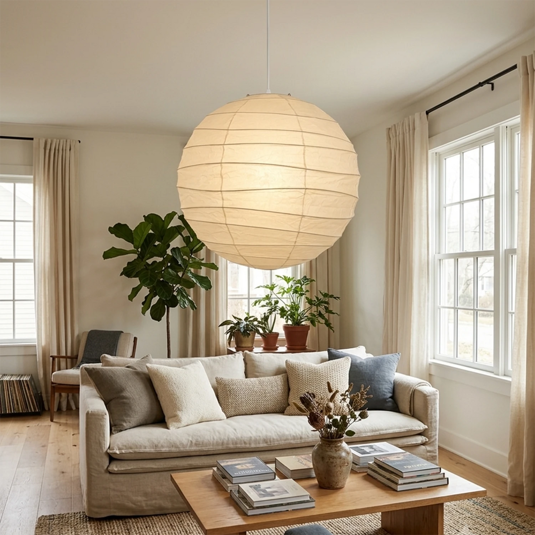 Paper pendant hanging in a living room framed by arched windows and greenery