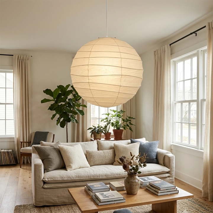 Paper pendant hanging in a living room framed by arched windows and greenery