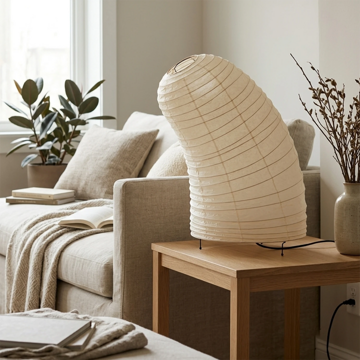 Sculptural paper lamp on a console beside an armchair with a draped throw