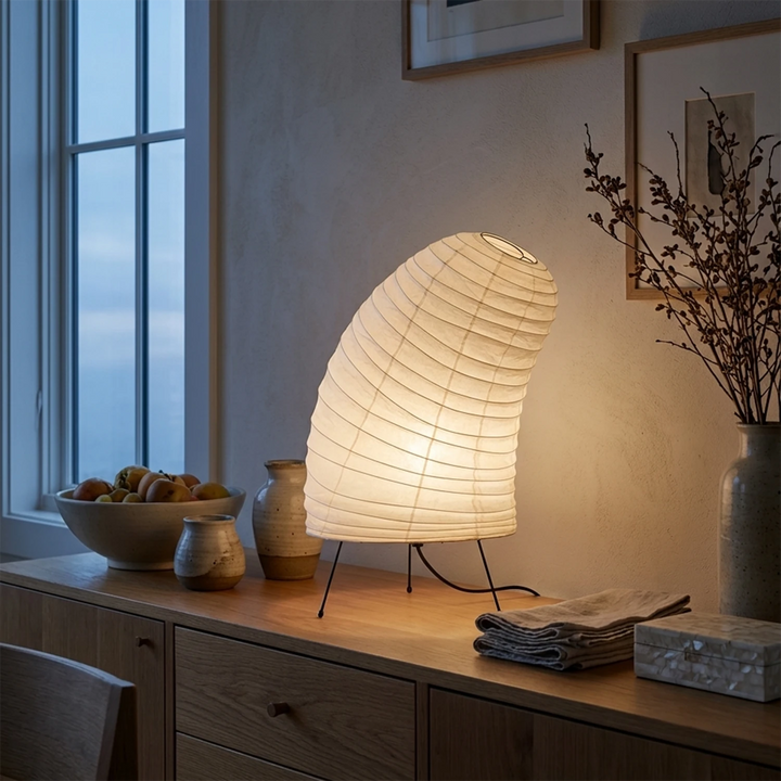 Sculptural paper table lamp glowing on a nightstand in a moody bedroom