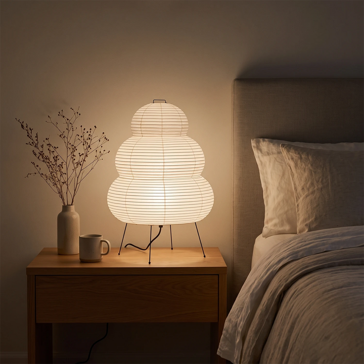Stacked paper table lamp glowing on a nightstand beside soft linen bedding