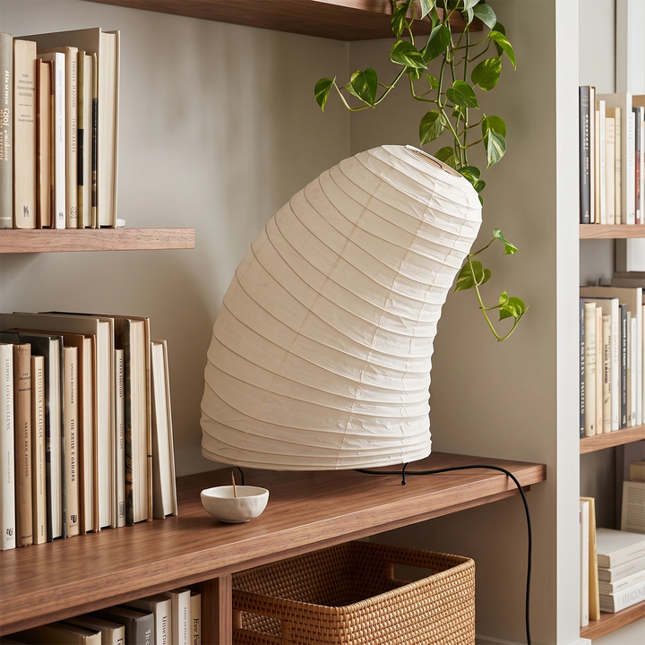 Sculptural paper lamp on a shelf beside books and a trailing plant
