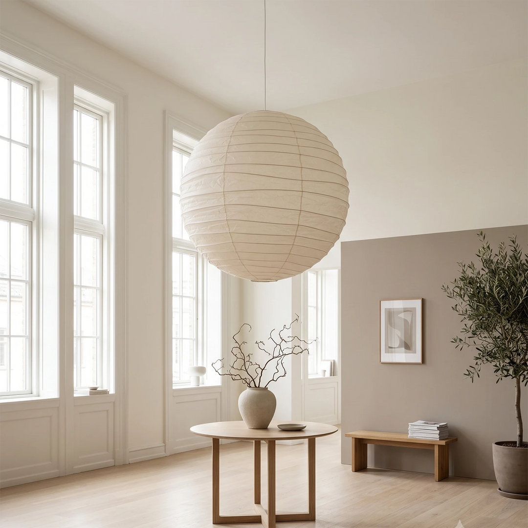 Paper pendant in a bright airy room with minimal styling and a single vase