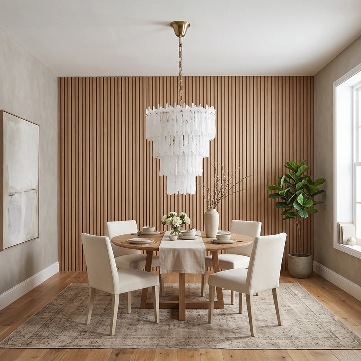 Cascading glass chandelier over a round table against a slatted wood wall